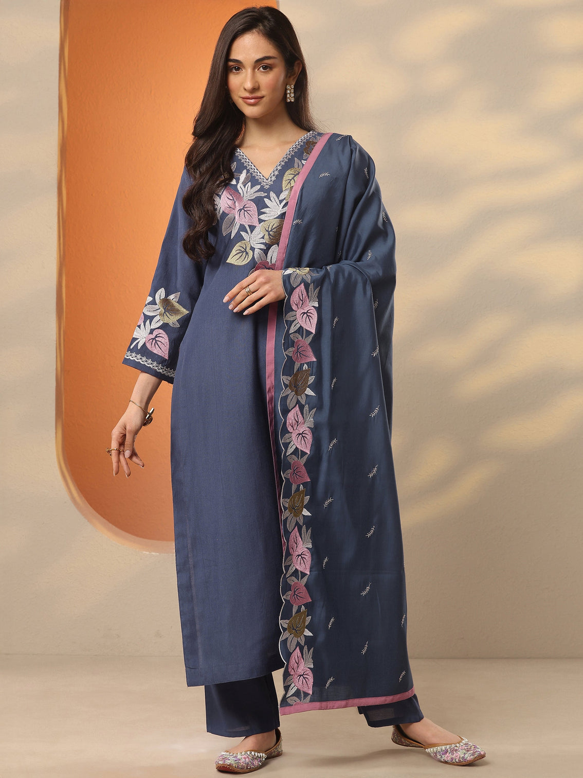 Mameraa Blue Yoke Design Silk Blend Straight Suit Set With Dupatta