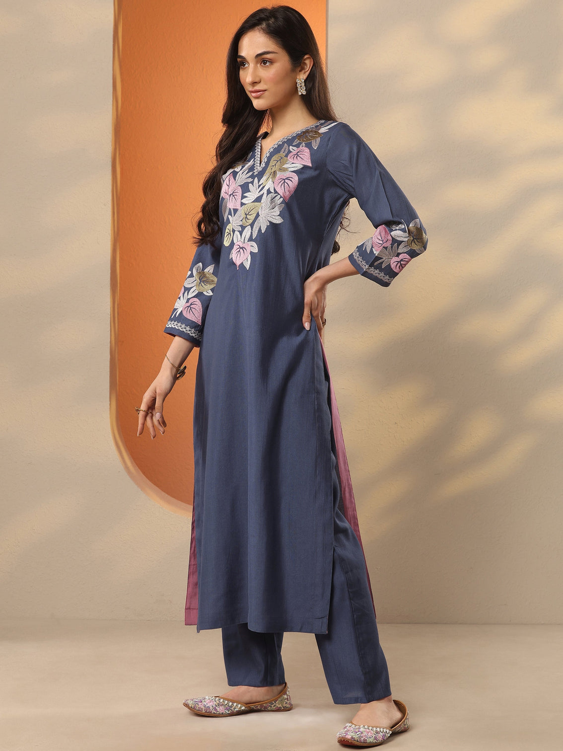 Mameraa Blue Yoke Design Silk Blend Straight Suit Set With Dupatta