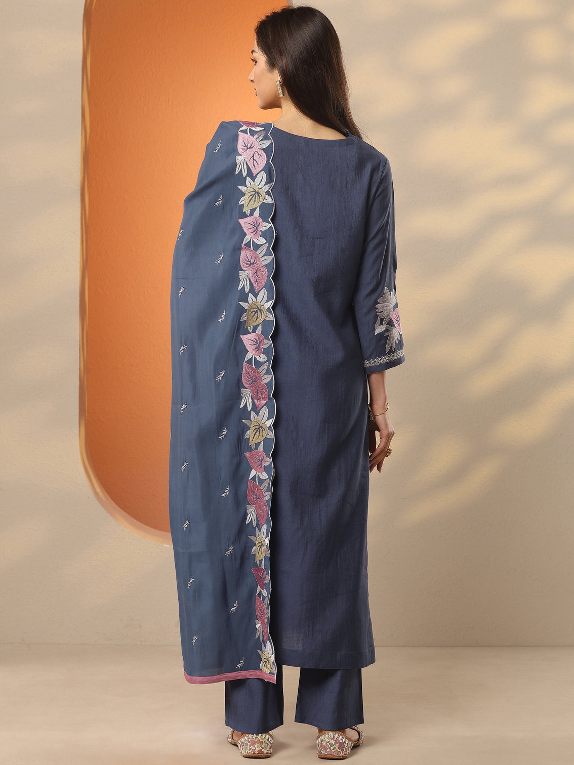 Mameraa Blue Yoke Design Silk Blend Straight Suit Set With Dupatta