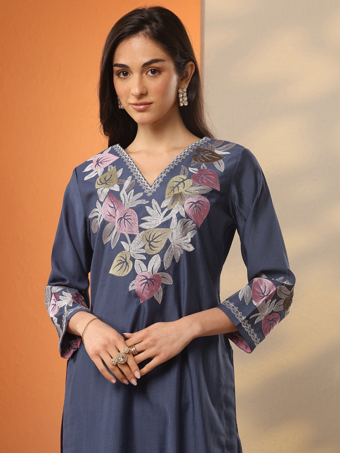 Mameraa Blue Yoke Design Silk Blend Straight Suit Set With Dupatta