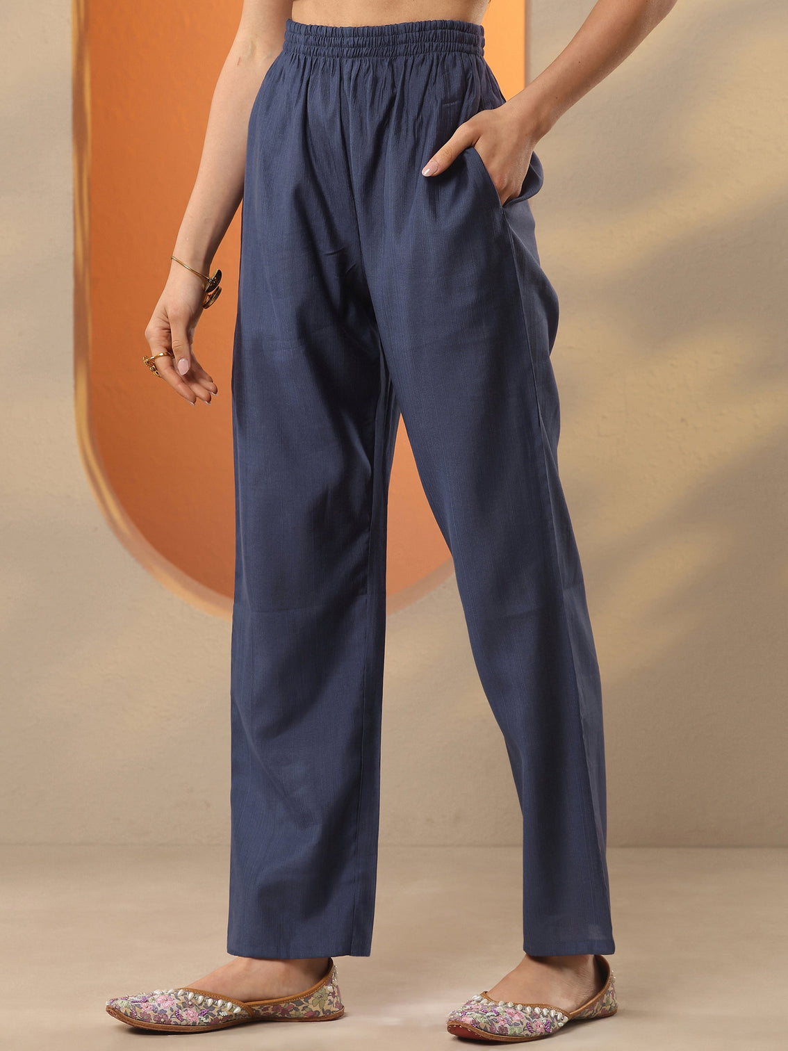 Mameraa Blue Yoke Design Silk Blend Straight Suit Set With Dupatta