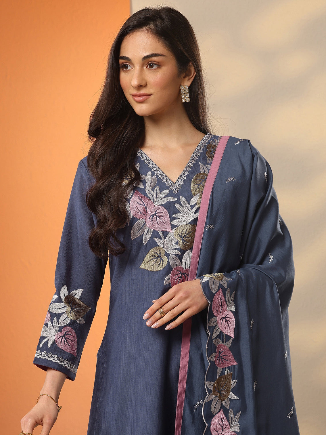 Mameraa Blue Yoke Design Silk Blend Straight Suit Set With Dupatta