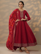 Libas Red Embellished Silk Blend A-Line Gown With Dupatta