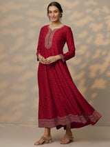 Libas Red Embellished Silk Blend A-Line Gown With Dupatta