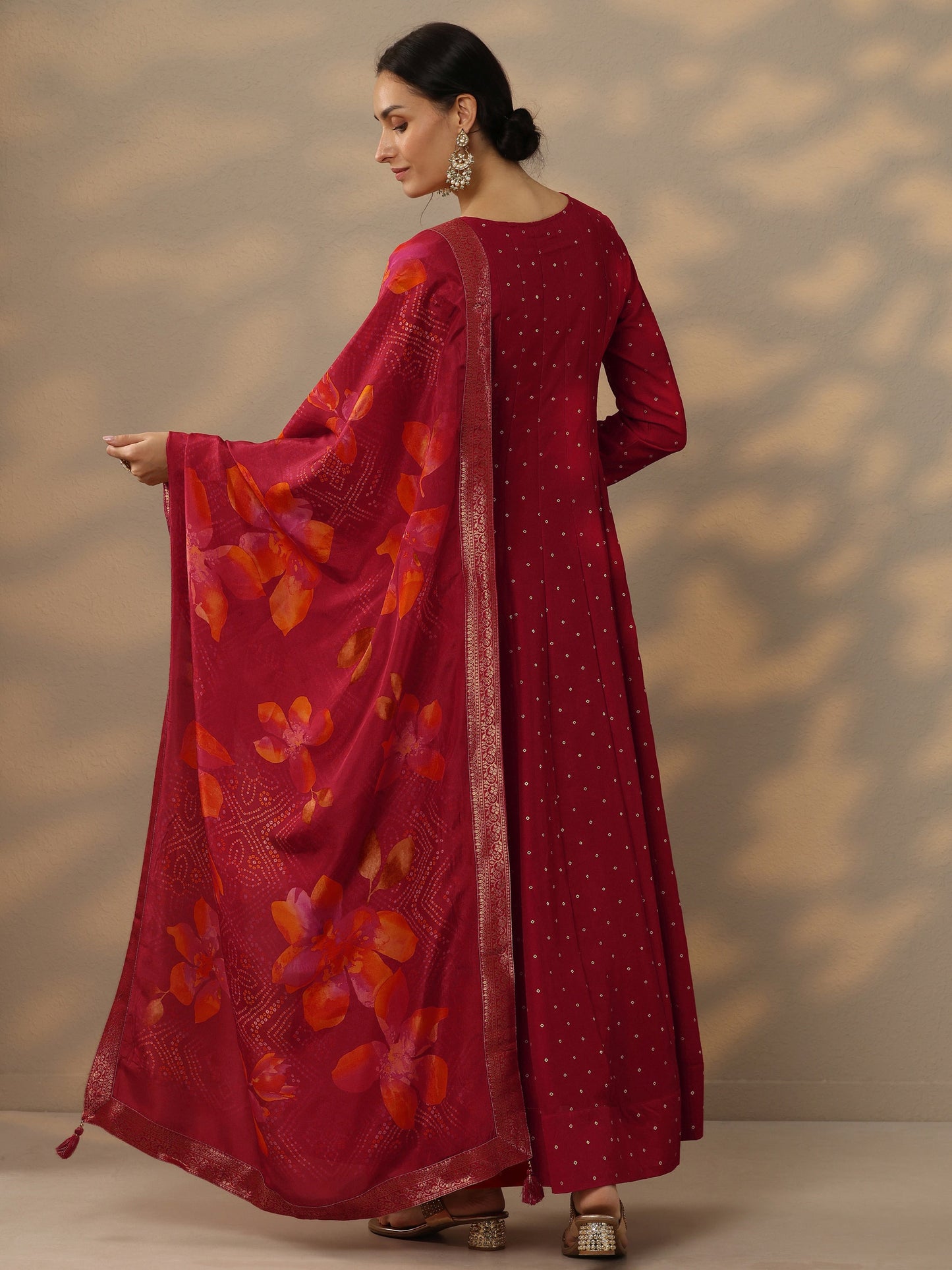 Libas Red Embellished Silk Blend A-Line Gown With Dupatta