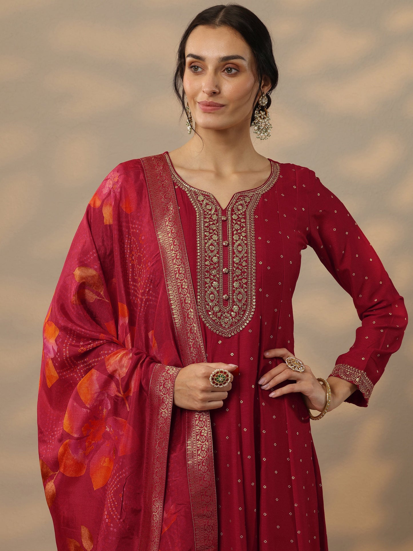 Libas Red Embellished Silk Blend A-Line Gown With Dupatta