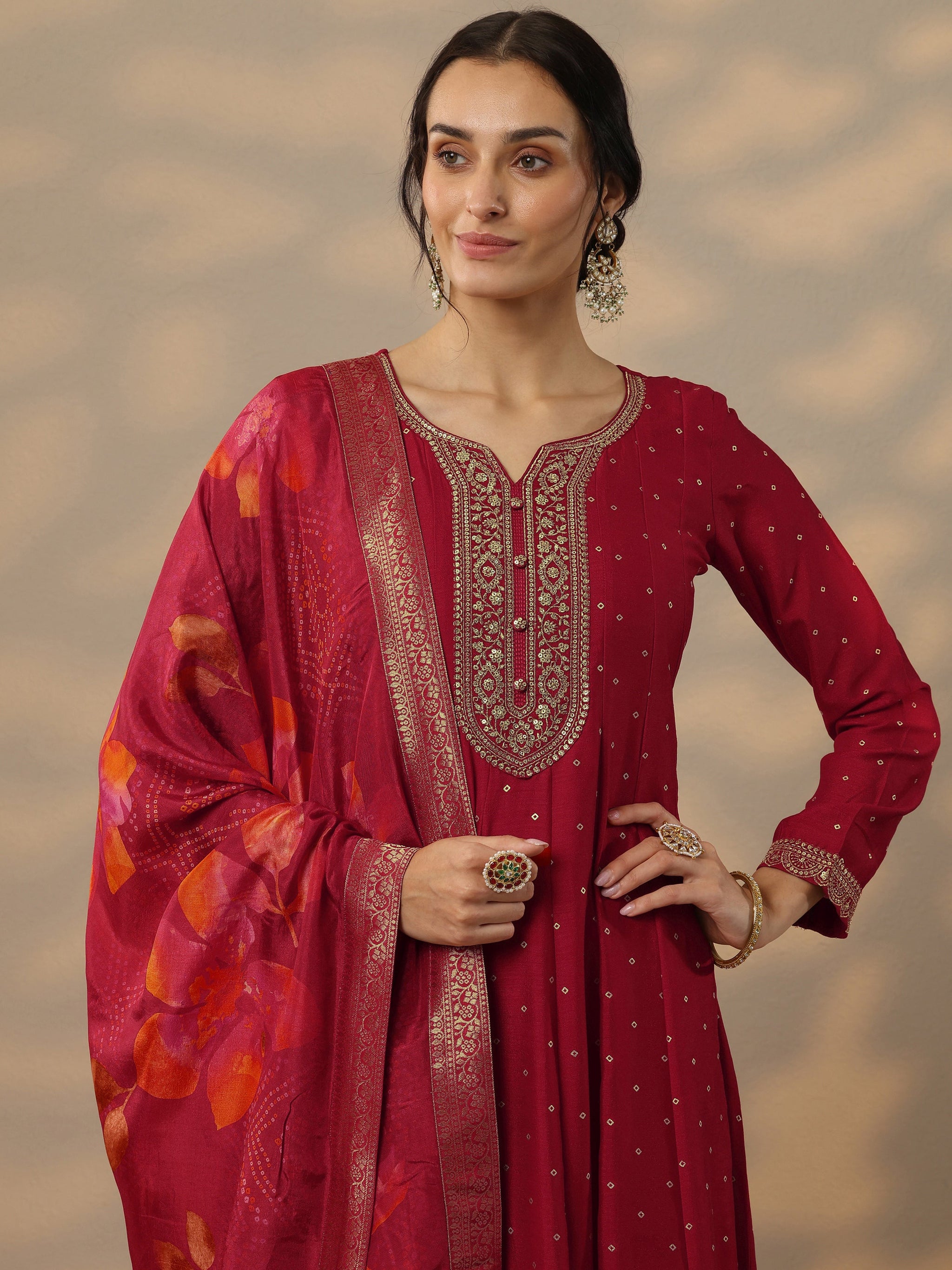 Libas Red Embellished Silk Blend A-Line Gown With Dupatta