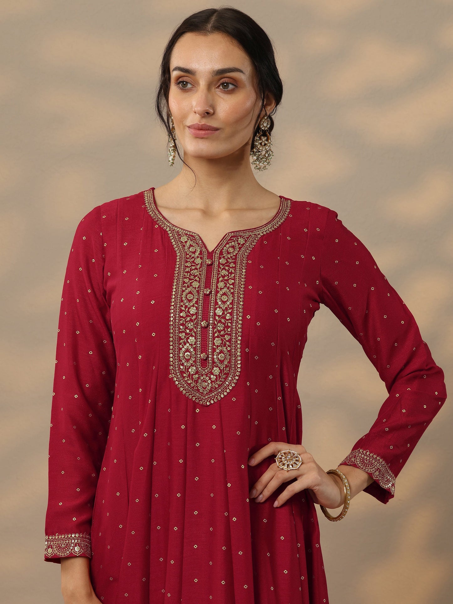 Libas Red Embellished Silk Blend A-Line Gown With Dupatta