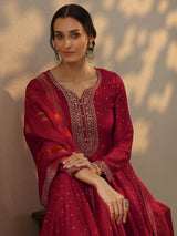 Libas Red Embellished Silk Blend A-Line Gown With Dupatta