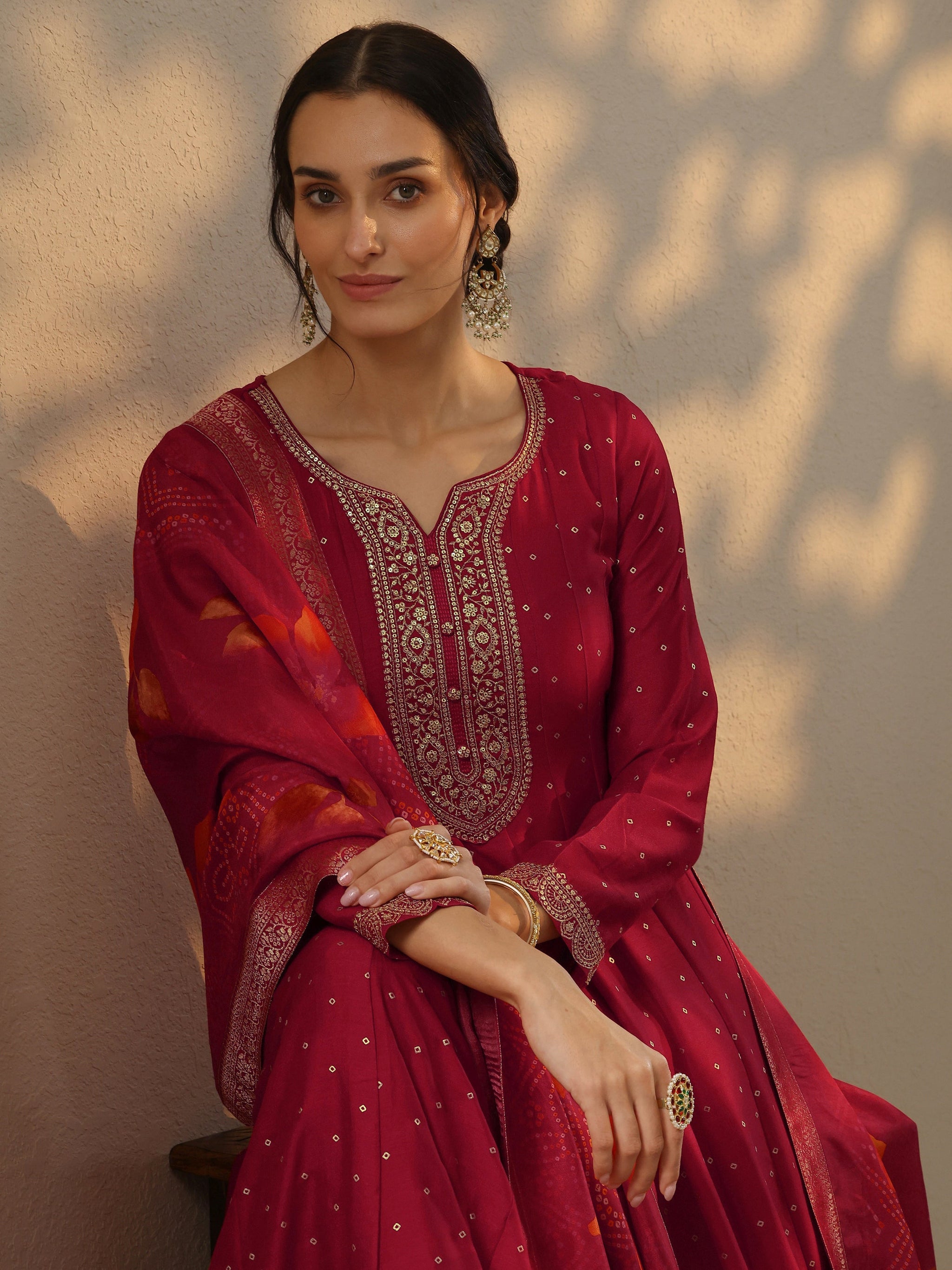 Libas Red Embellished Silk Blend A-Line Gown With Dupatta