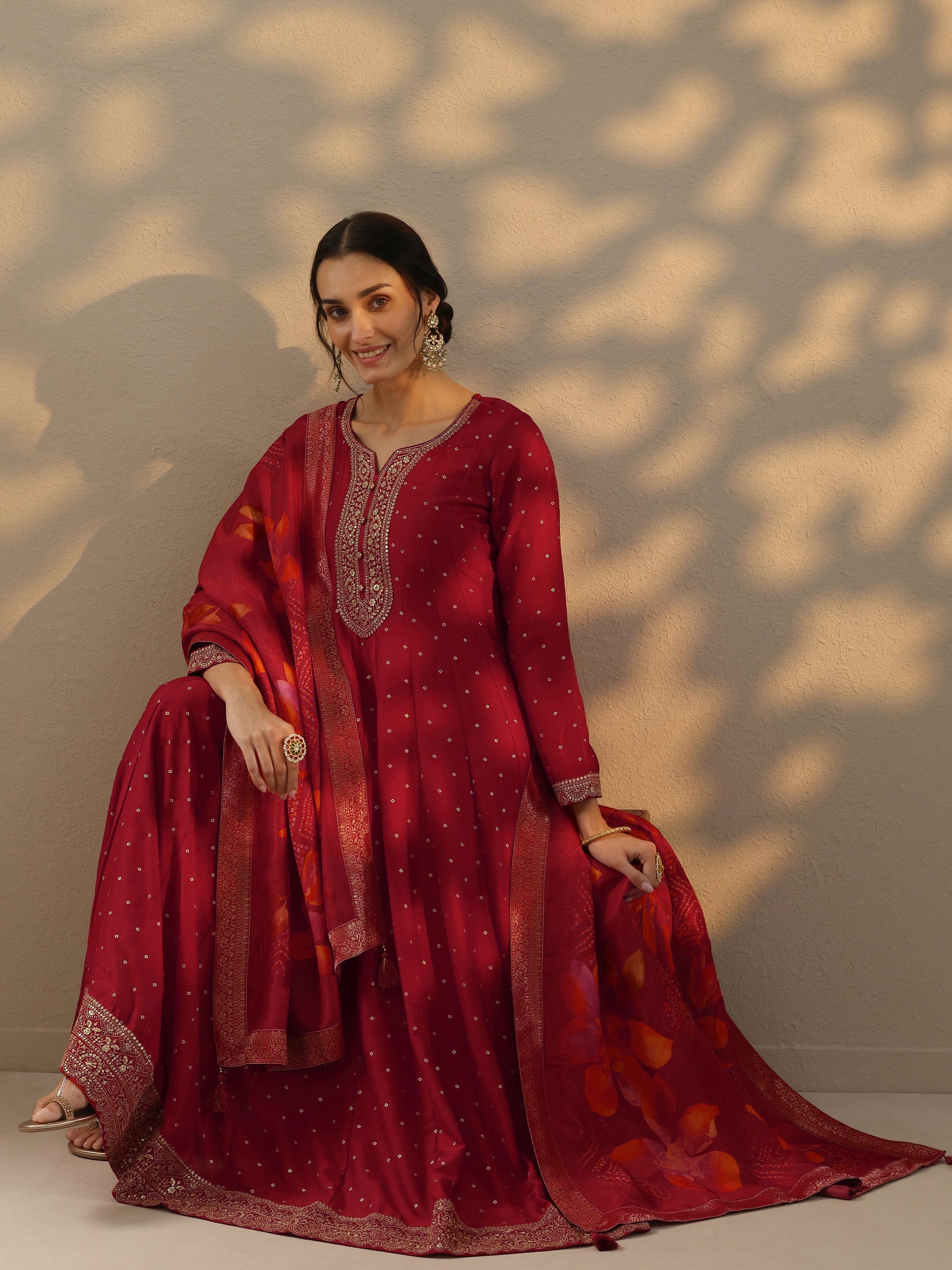 Libas Red Embellished Silk Blend A-Line Gown With Dupatta
