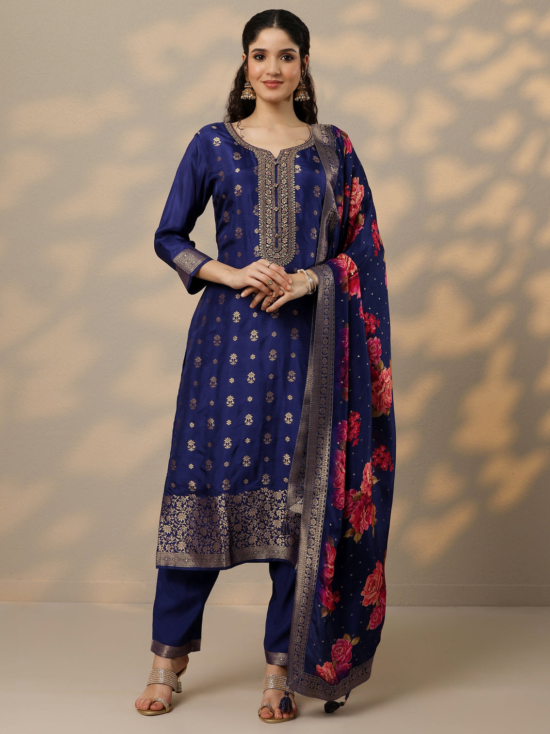 Mameraa Purple Woven Design Silk Blend Straight Suit Set With Dupatta