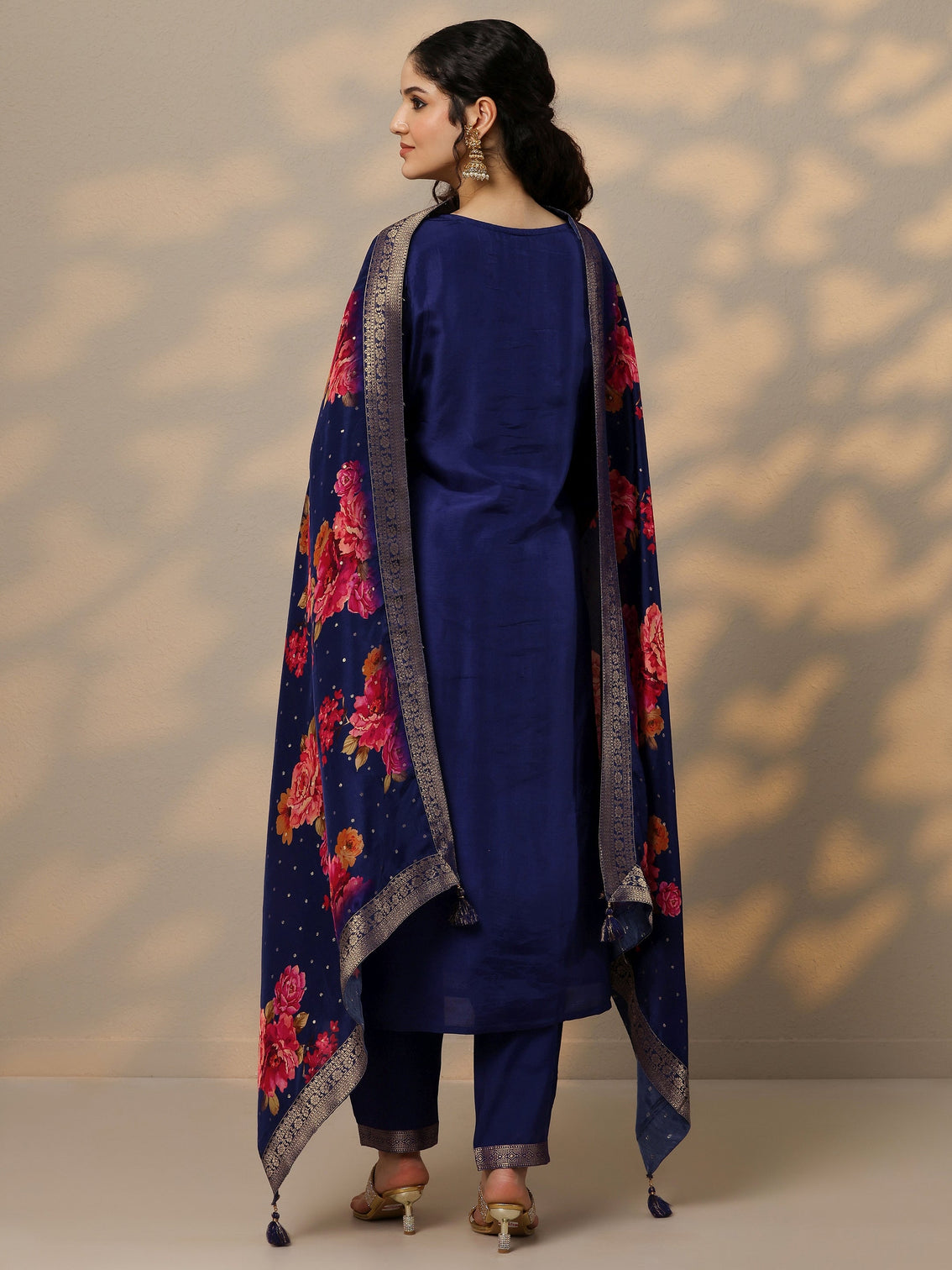 Mameraa Purple Woven Design Silk Blend Straight Suit Set With Dupatta