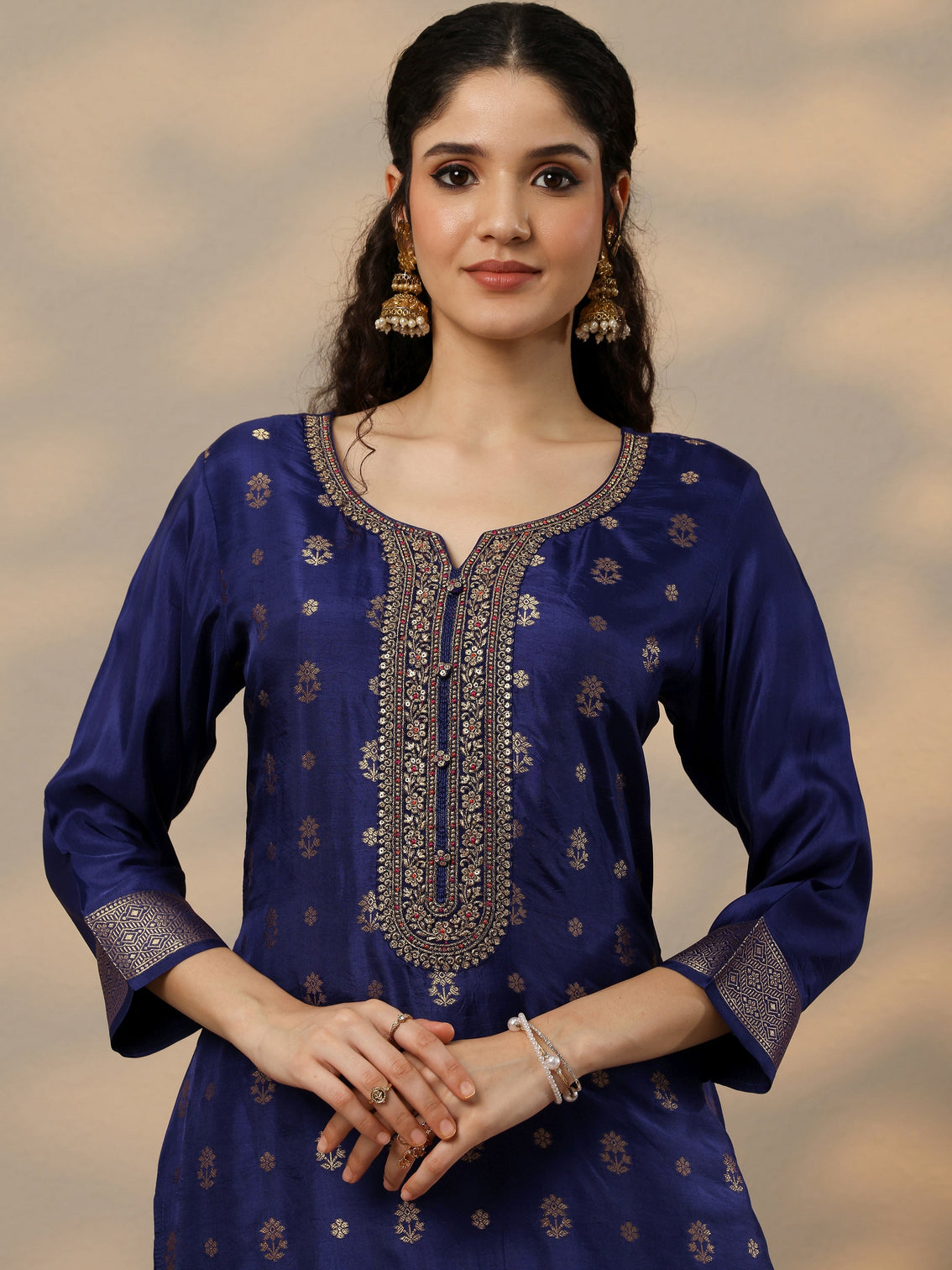 Mameraa Purple Woven Design Silk Blend Straight Suit Set With Dupatta