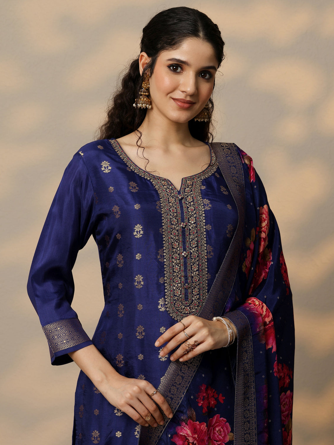 Mameraa Purple Woven Design Silk Blend Straight Suit Set With Dupatta
