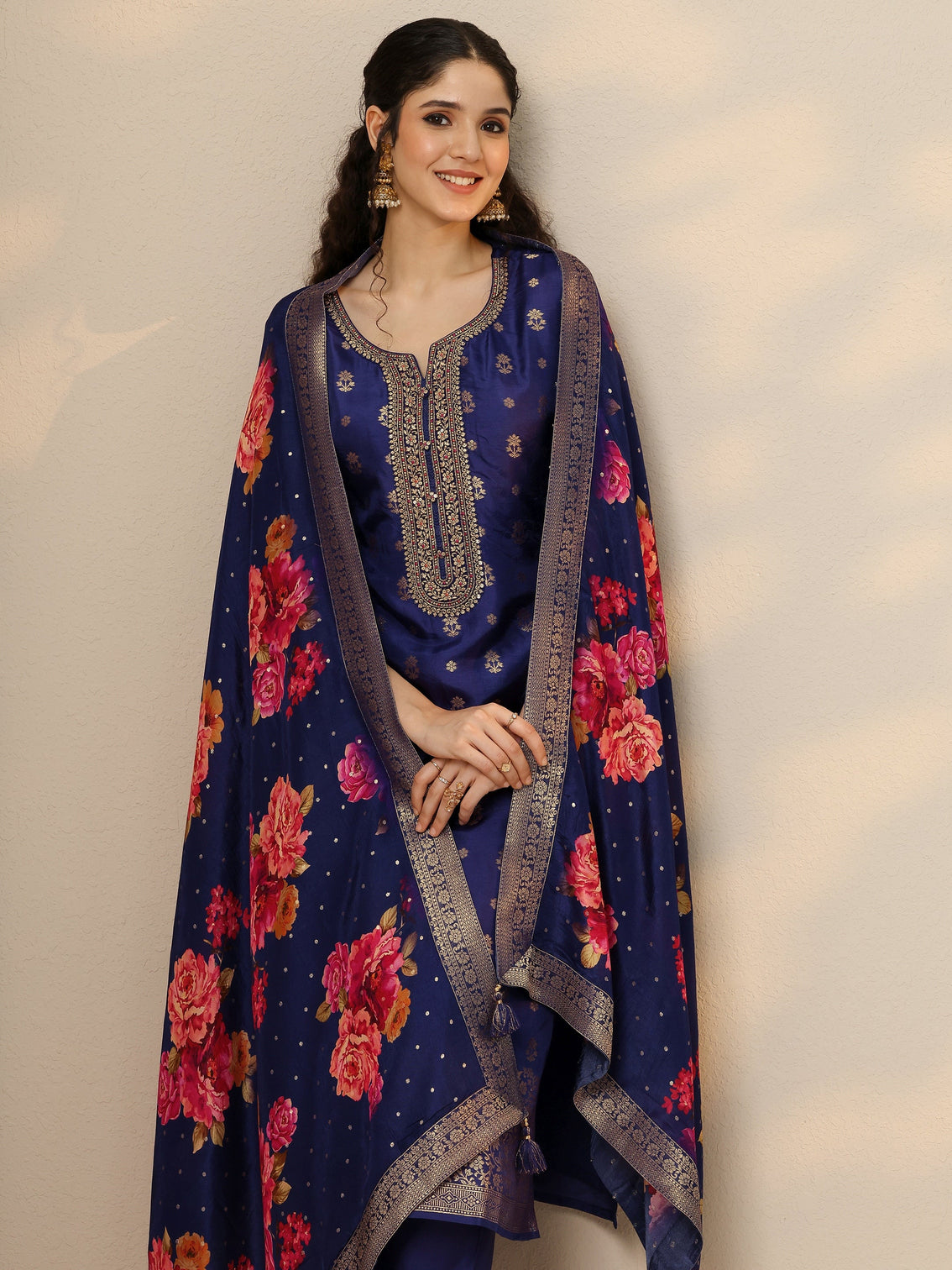 Mameraa Purple Woven Design Silk Blend Straight Suit Set With Dupatta