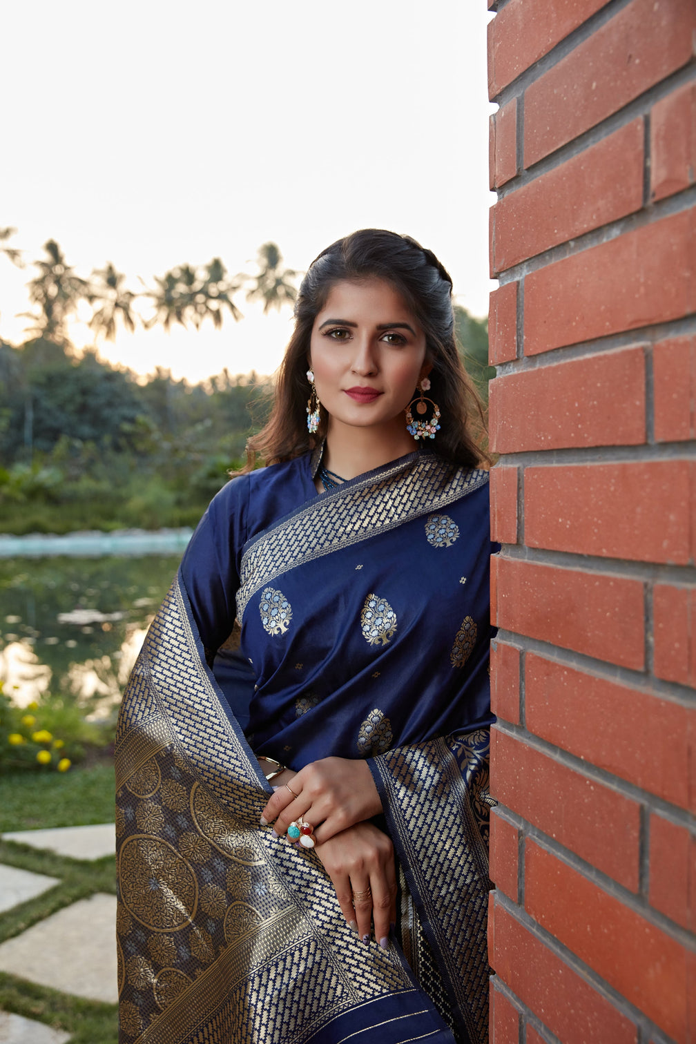 Navy Blue Weaving Banarasi Silk Festival Wear Saree