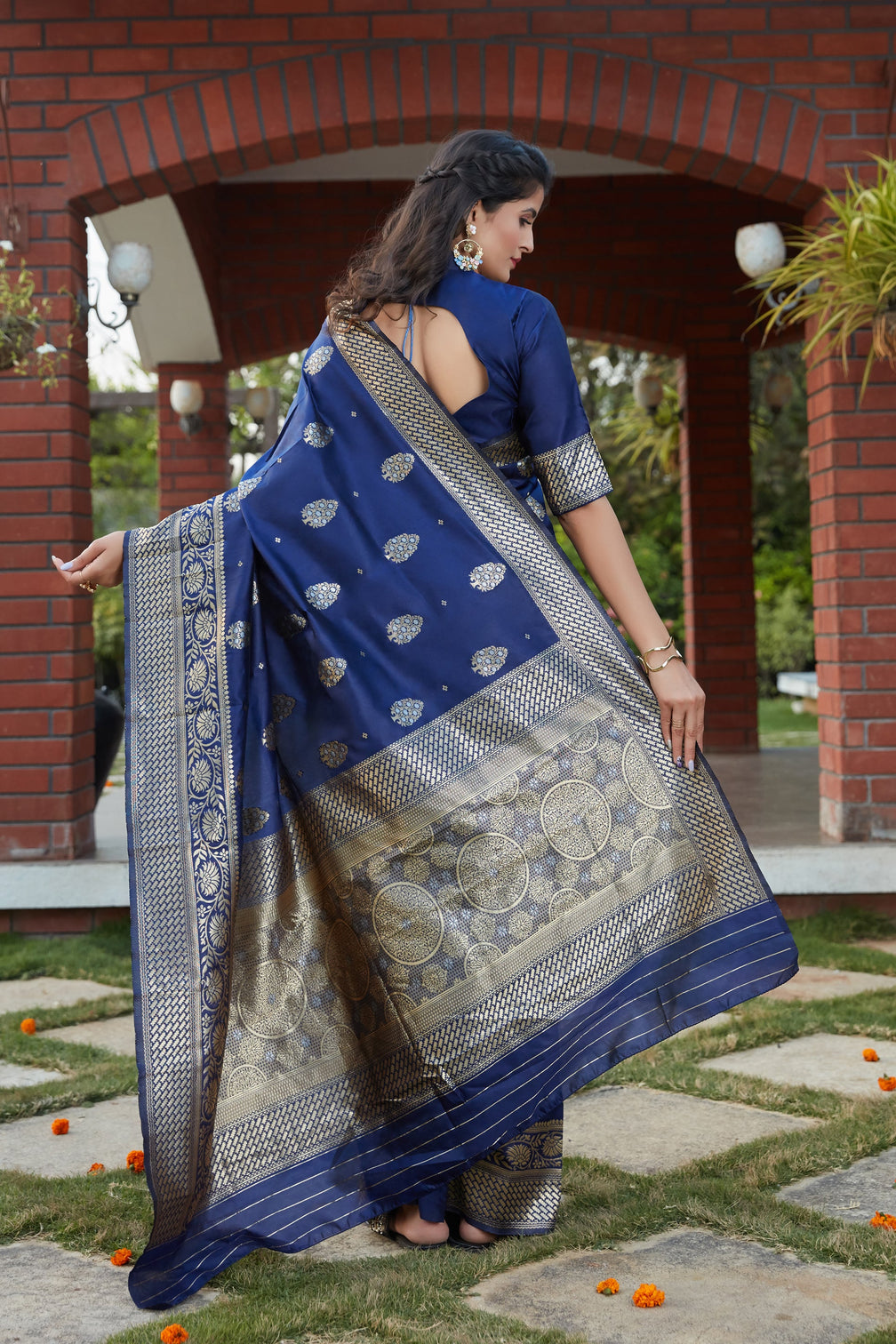 Navy Blue Weaving Banarasi Silk Festival Wear Saree