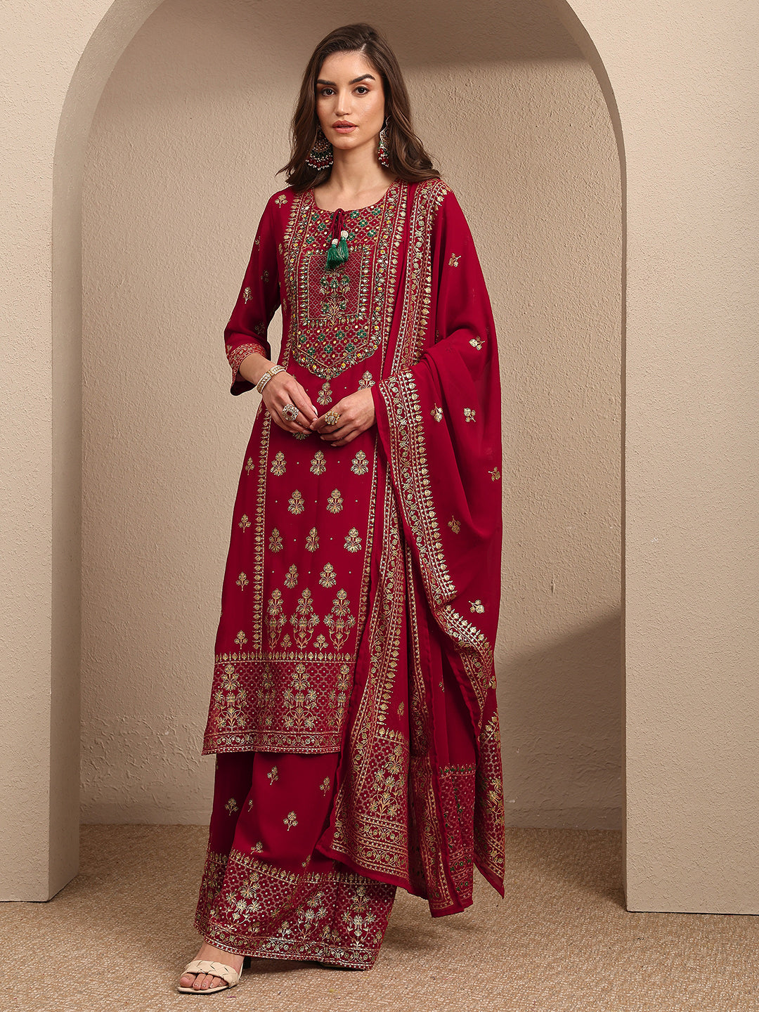 Mameraa Red Embroidered Georgette Straight Suit Set With Dupatta