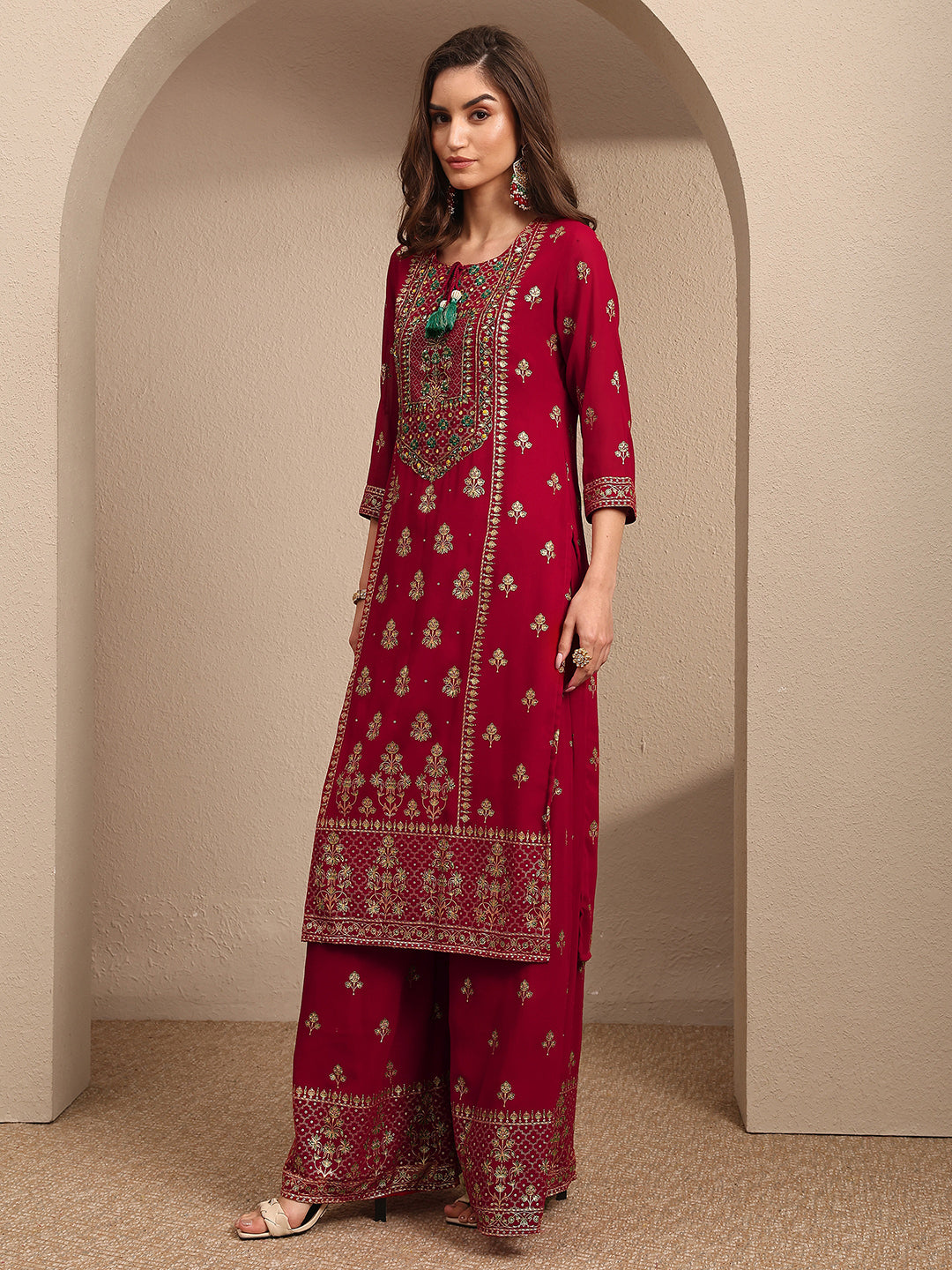 Mameraa Red Embroidered Georgette Straight Suit Set With Dupatta