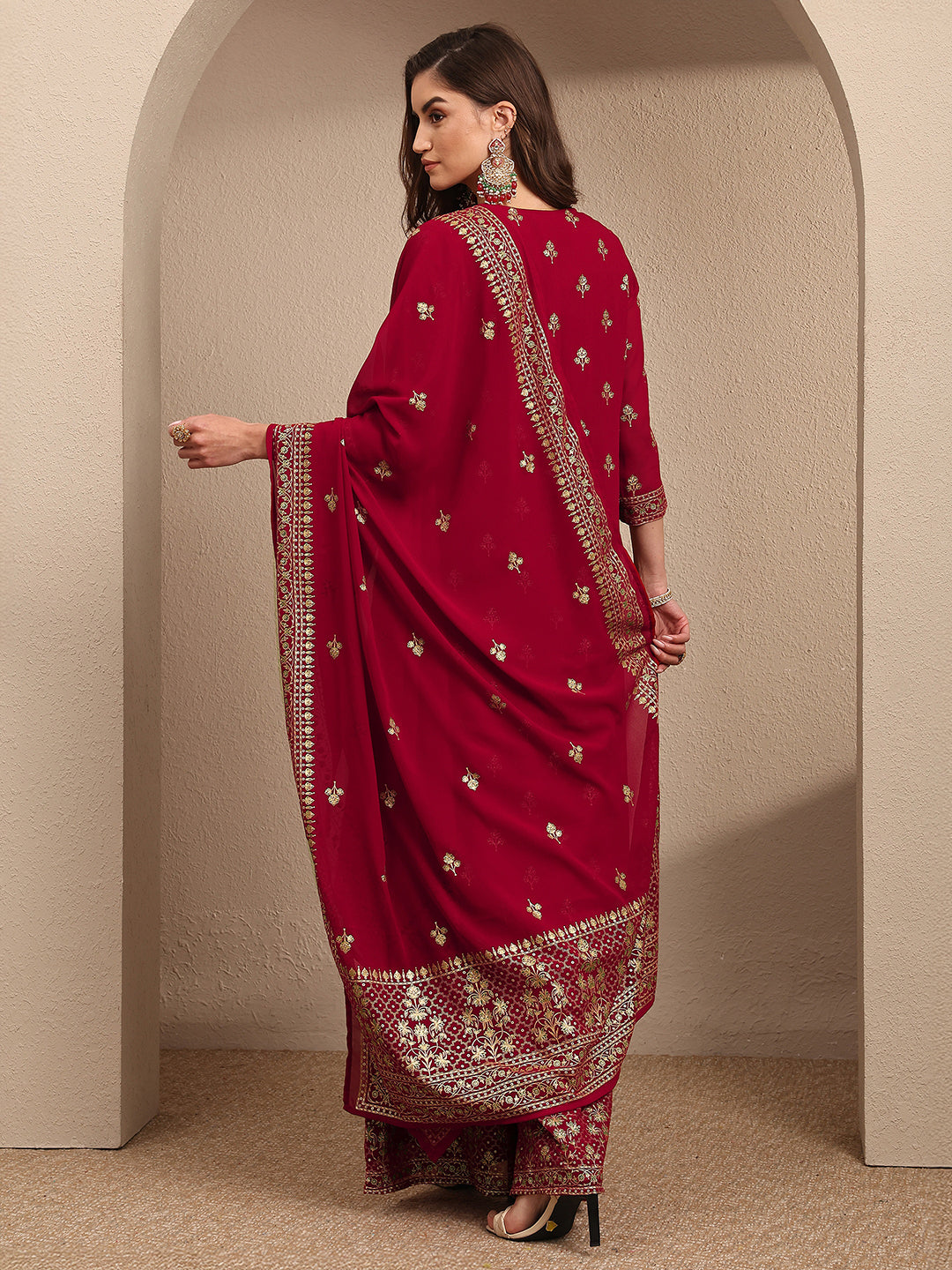Mameraa Red Embroidered Georgette Straight Suit Set With Dupatta
