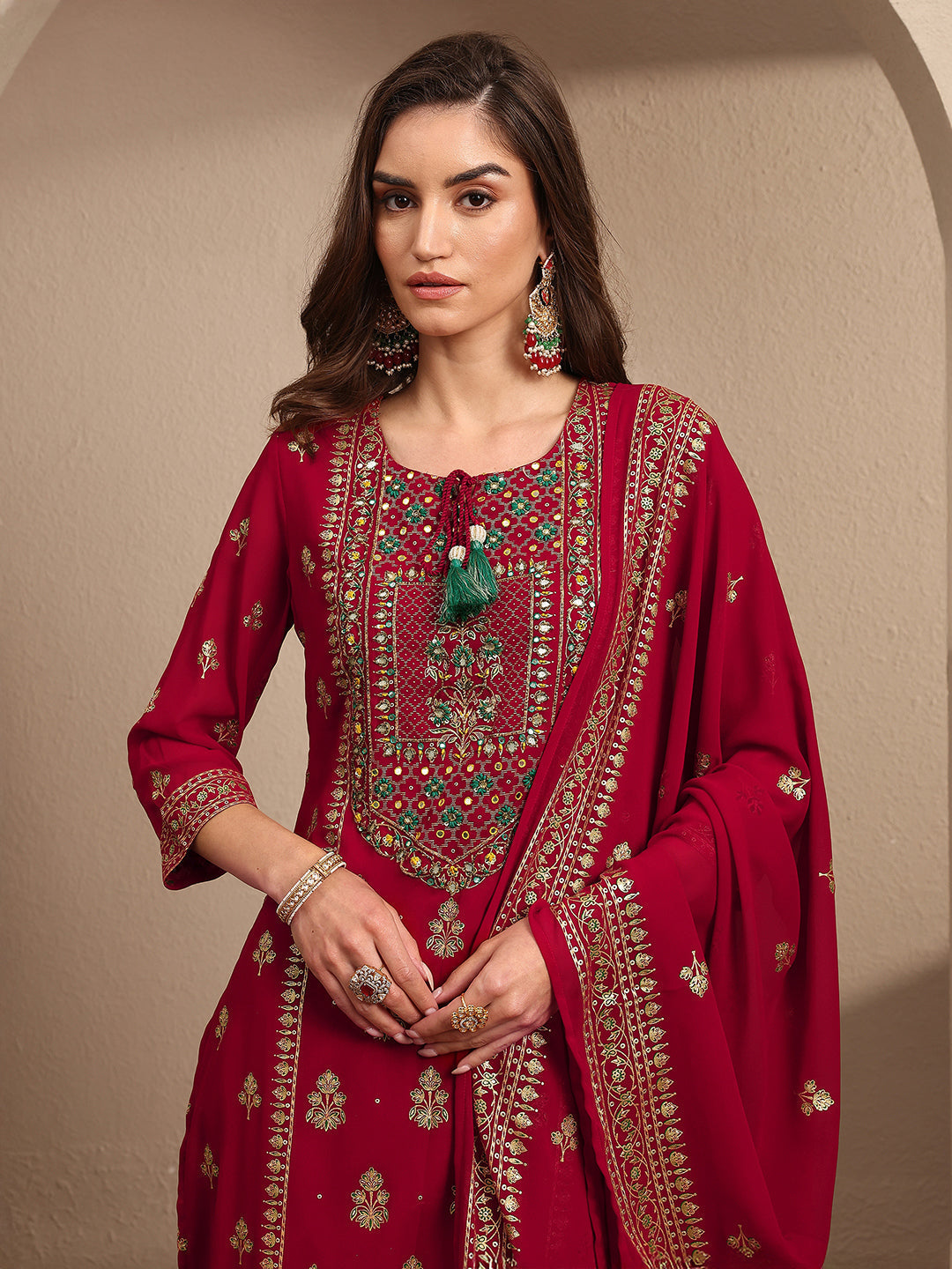 Mameraa Red Embroidered Georgette Straight Suit Set With Dupatta