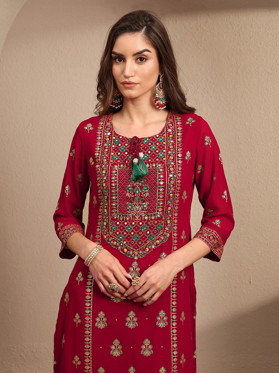 Mameraa Red Embroidered Georgette Straight Suit Set With Dupatta