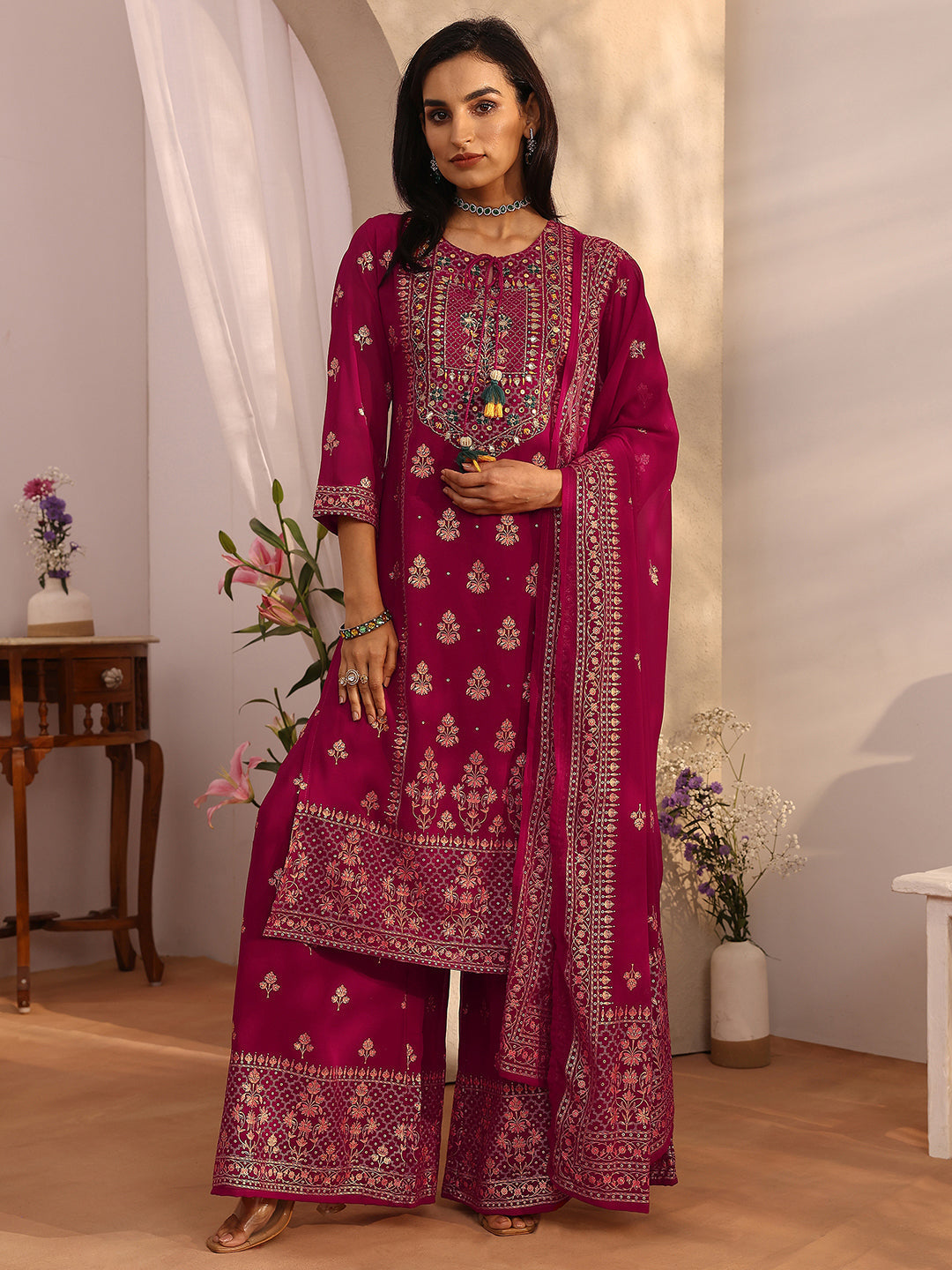 Mameraa Pink Embroidered Georgette Straight Suit Set With Dupatta
