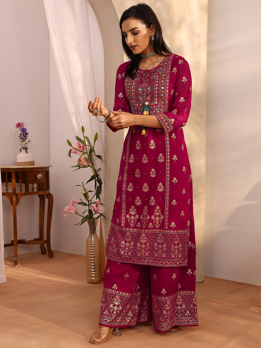 Mameraa Pink Embroidered Georgette Straight Suit Set With Dupatta