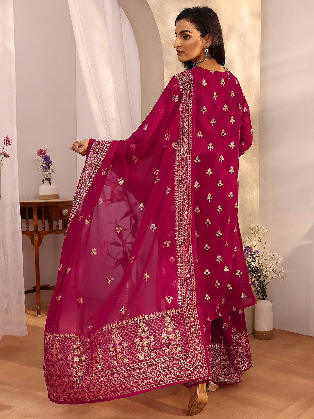 Mameraa Pink Embroidered Georgette Straight Suit Set With Dupatta