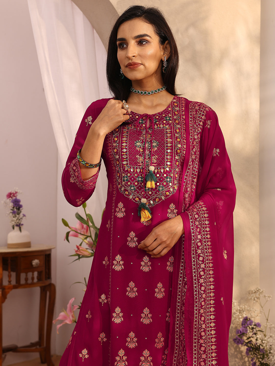 Mameraa Pink Embroidered Georgette Straight Suit Set With Dupatta