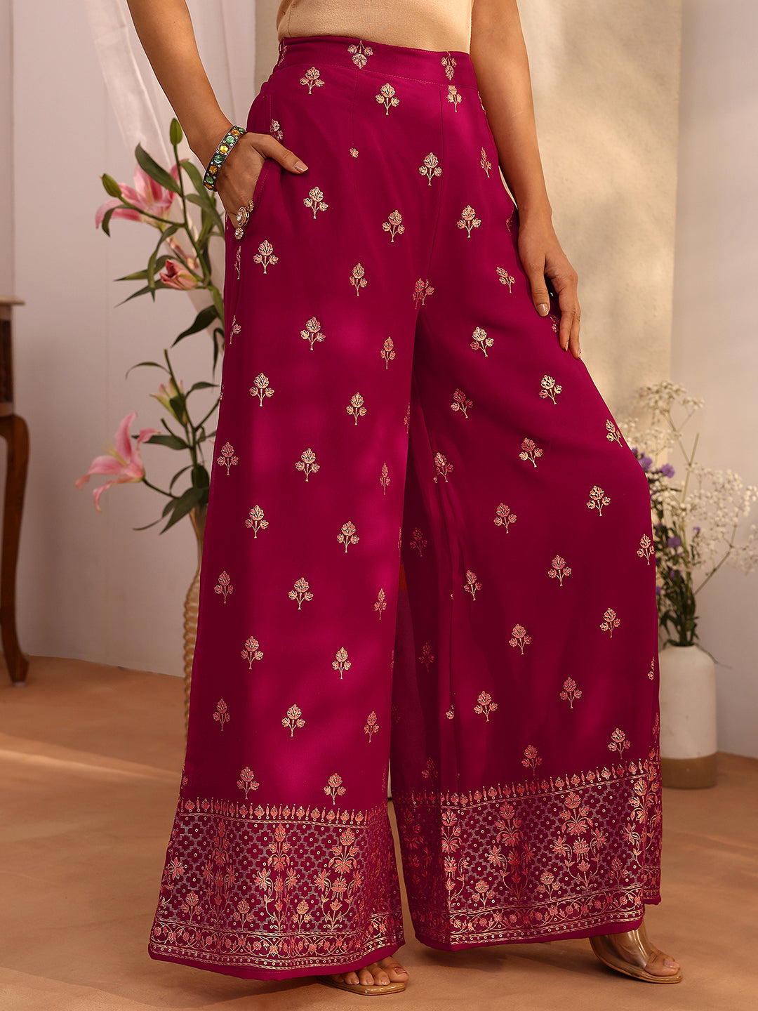 Mameraa Pink Embroidered Georgette Straight Suit Set With Dupatta