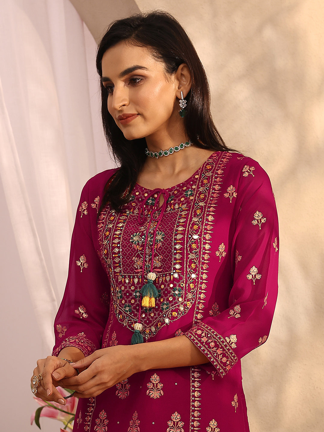 Mameraa Pink Embroidered Georgette Straight Suit Set With Dupatta
