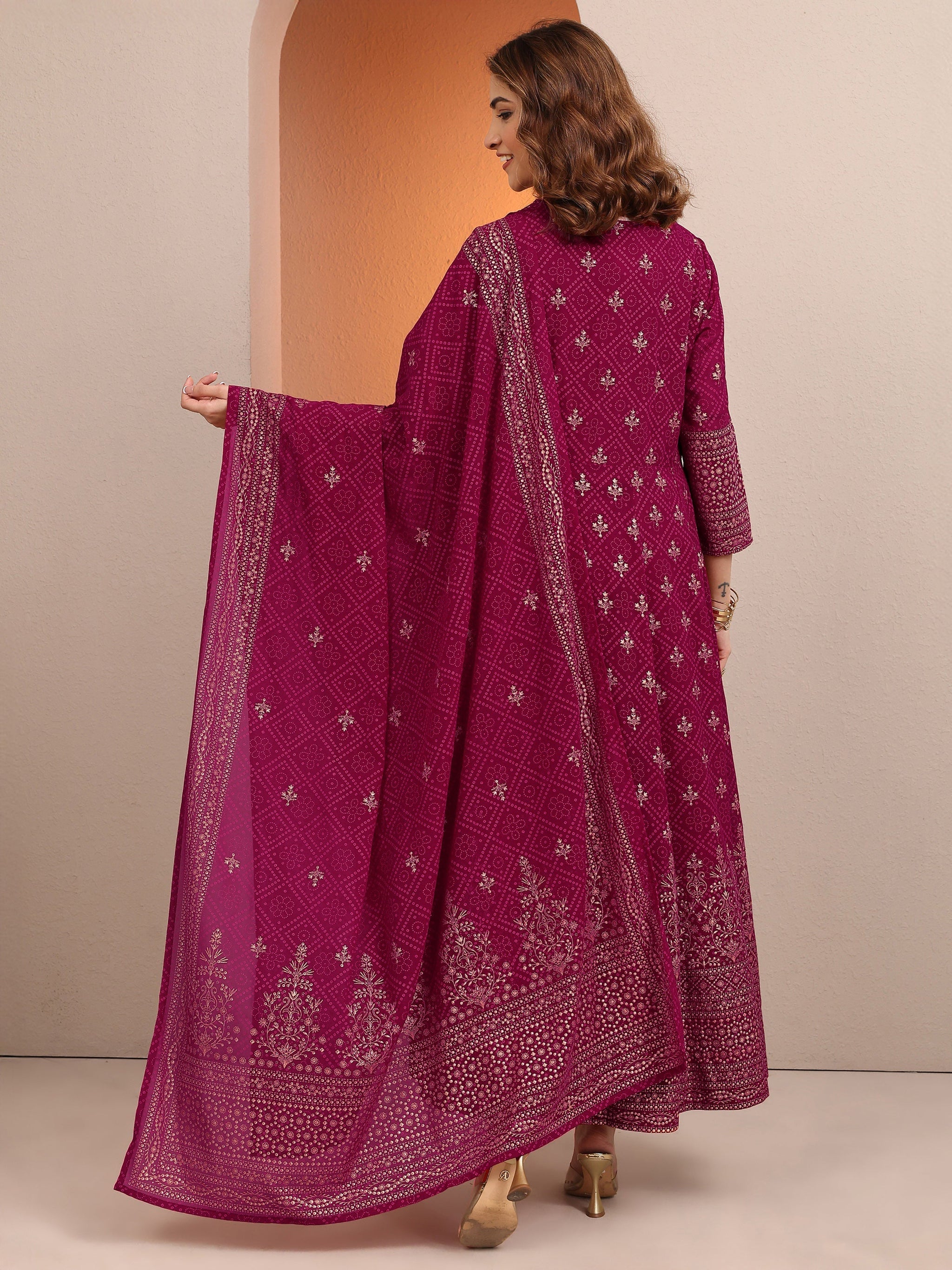 Libas Pink Embroidered Georgette Anarkali Suit Set With Dupatta