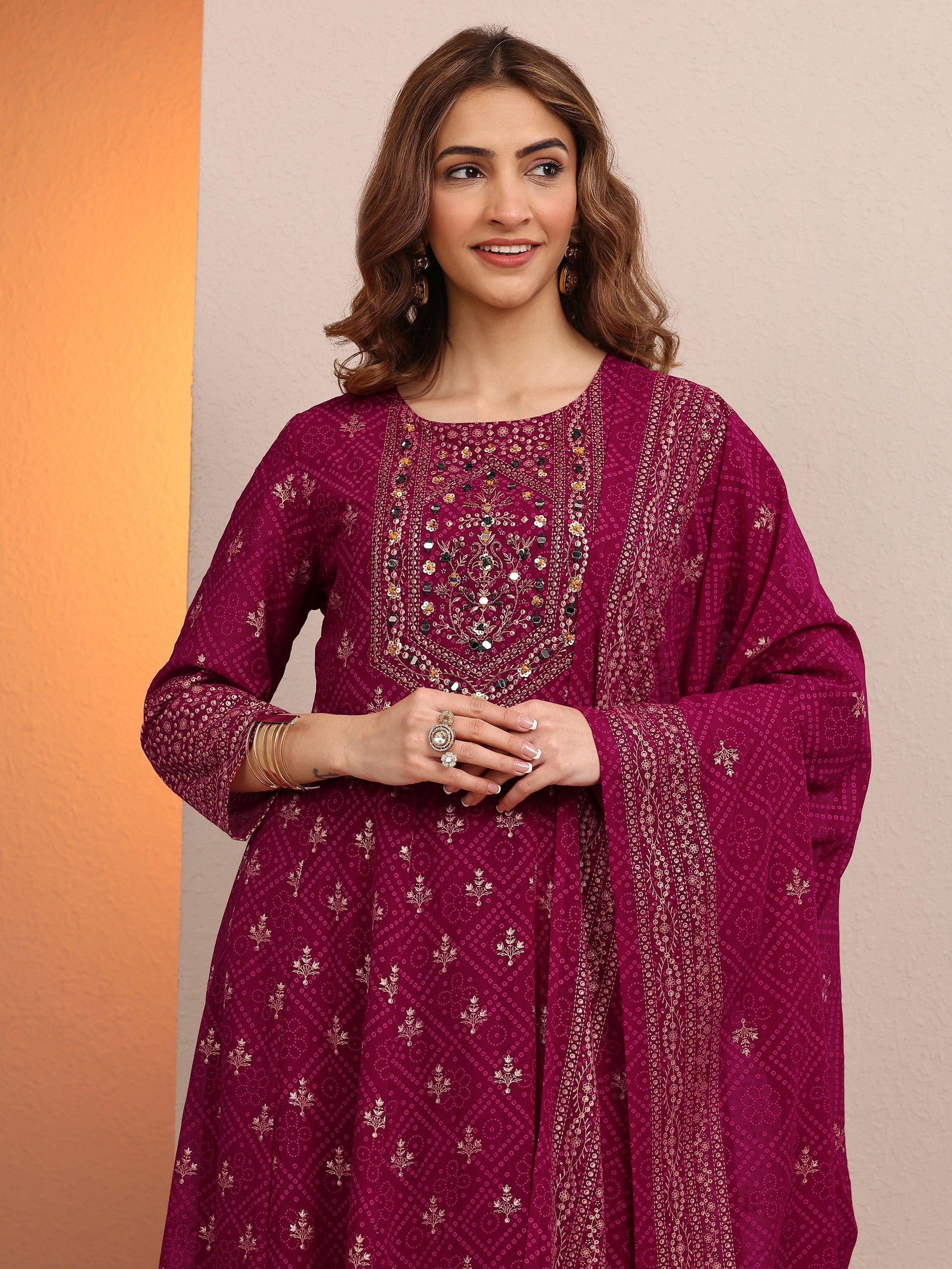 Libas Pink Embroidered Georgette Anarkali Suit Set With Dupatta