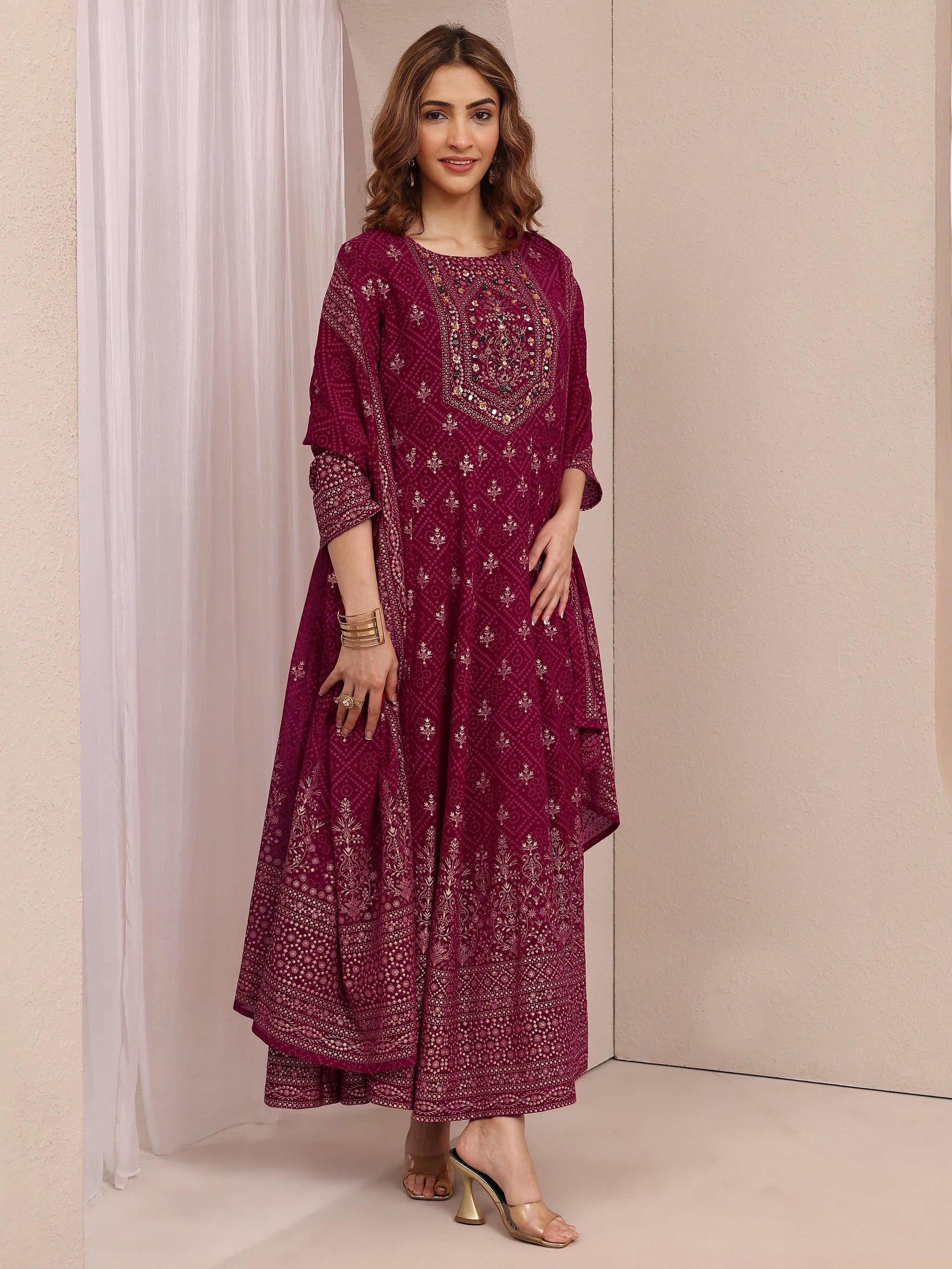 Libas Pink Embroidered Georgette Anarkali Suit Set With Dupatta