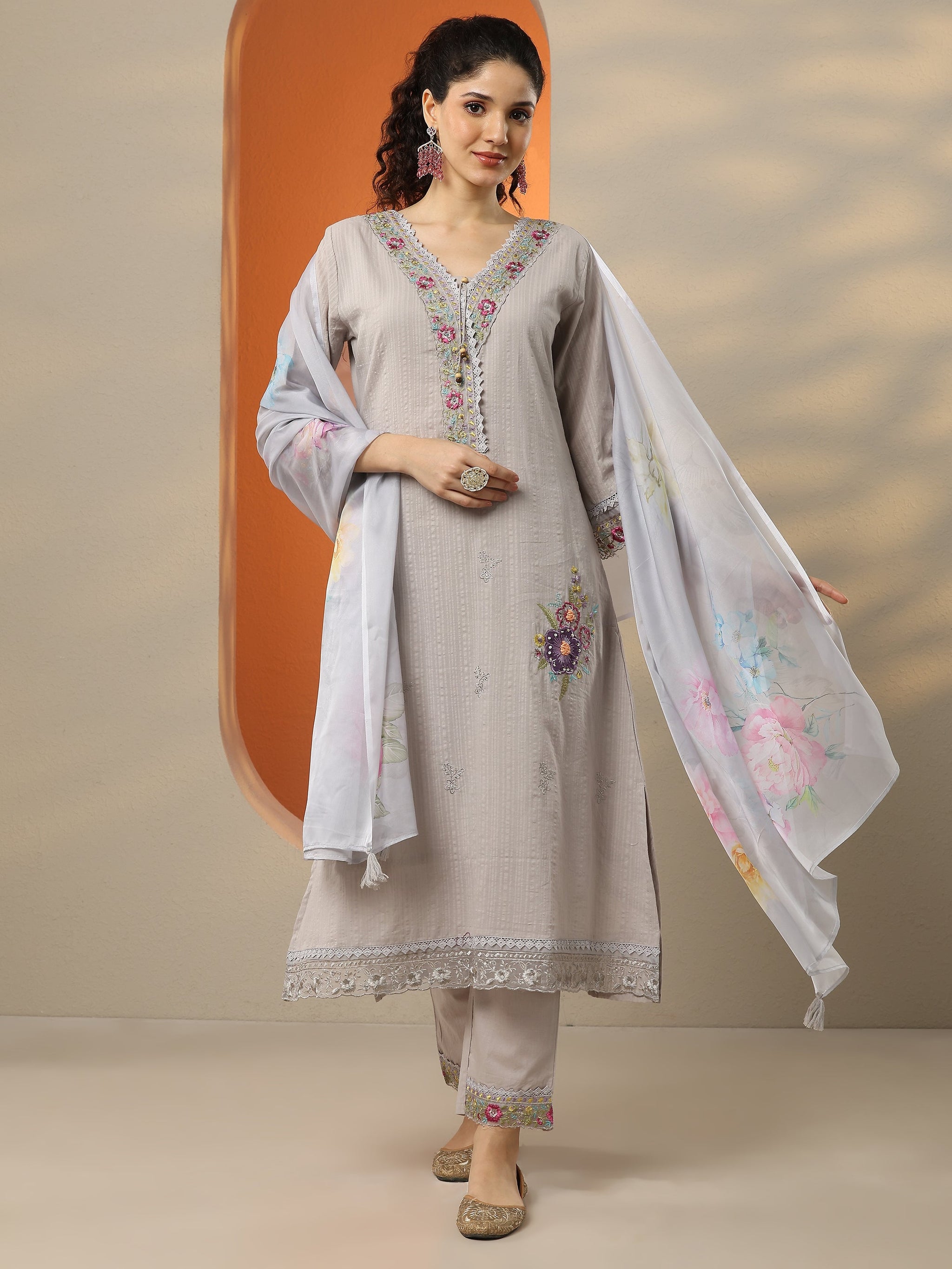 Libas Grey Embroidered Cotton Straight Suit Set With Dupatta