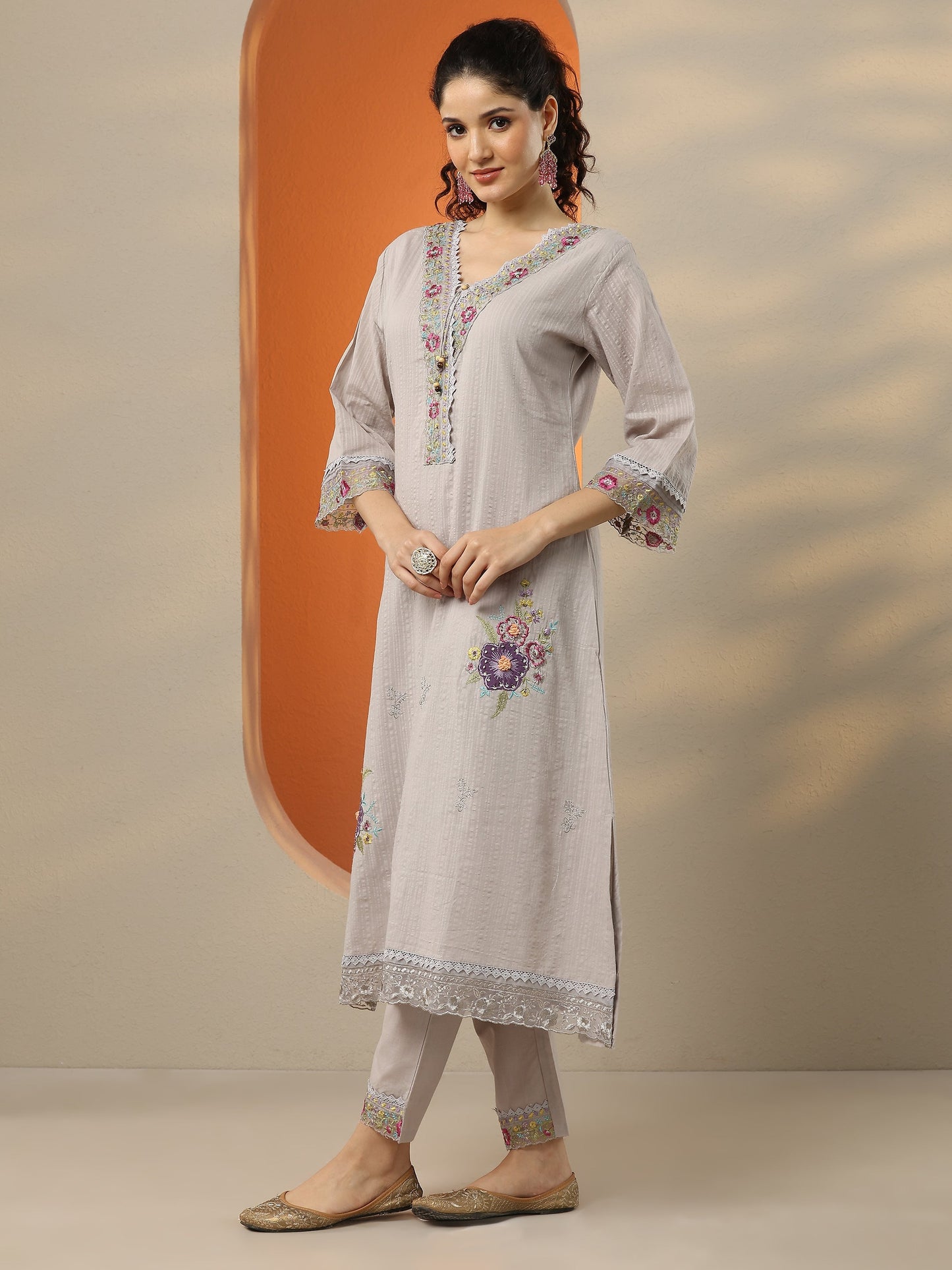 Libas Grey Embroidered Cotton Straight Suit Set With Dupatta