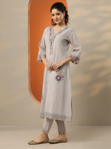 Libas Grey Embroidered Cotton Straight Suit Set With Dupatta