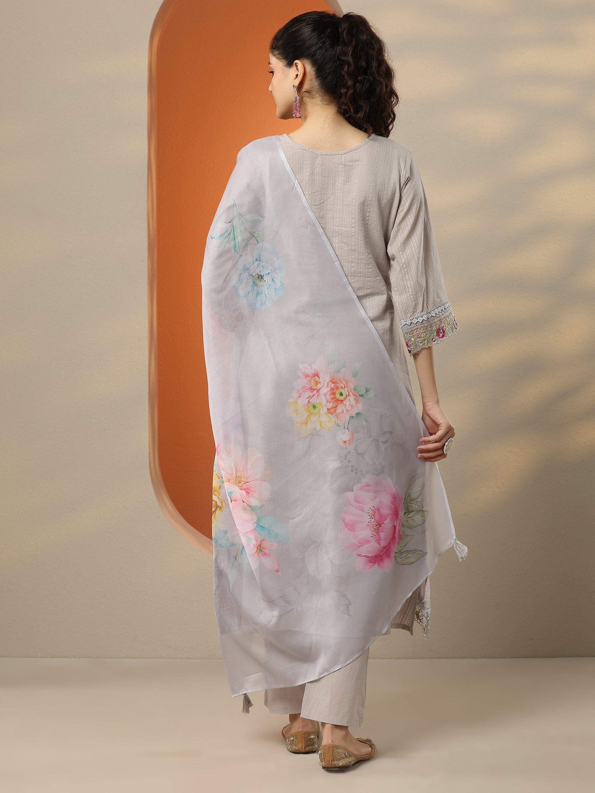 Libas Grey Embroidered Cotton Straight Suit Set With Dupatta