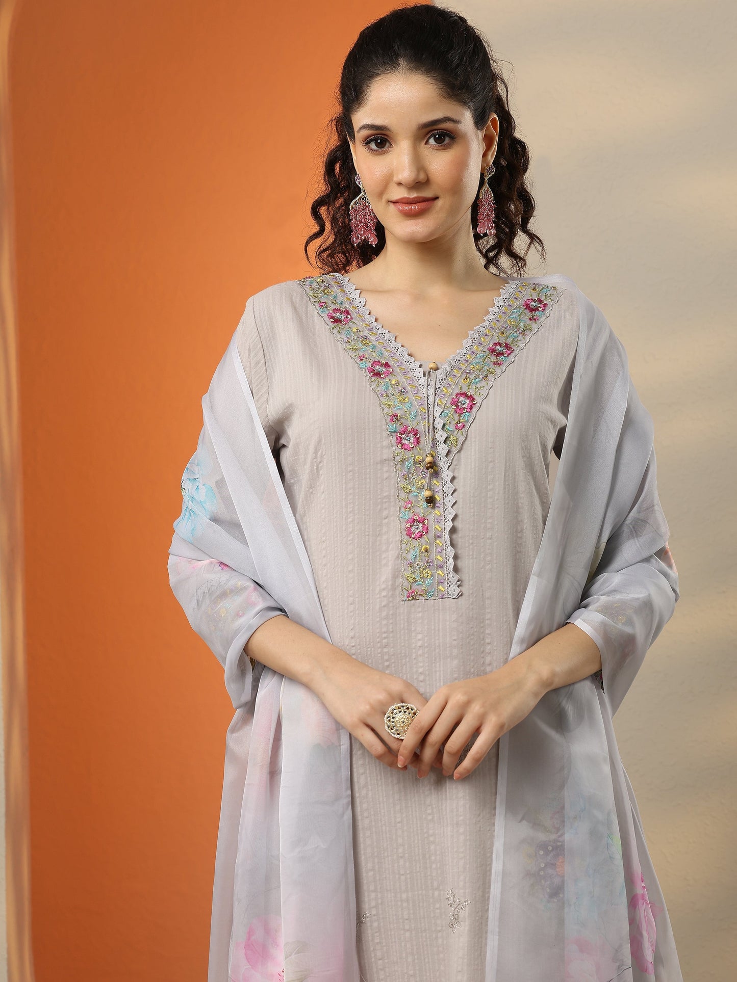 Libas Grey Embroidered Cotton Straight Suit Set With Dupatta