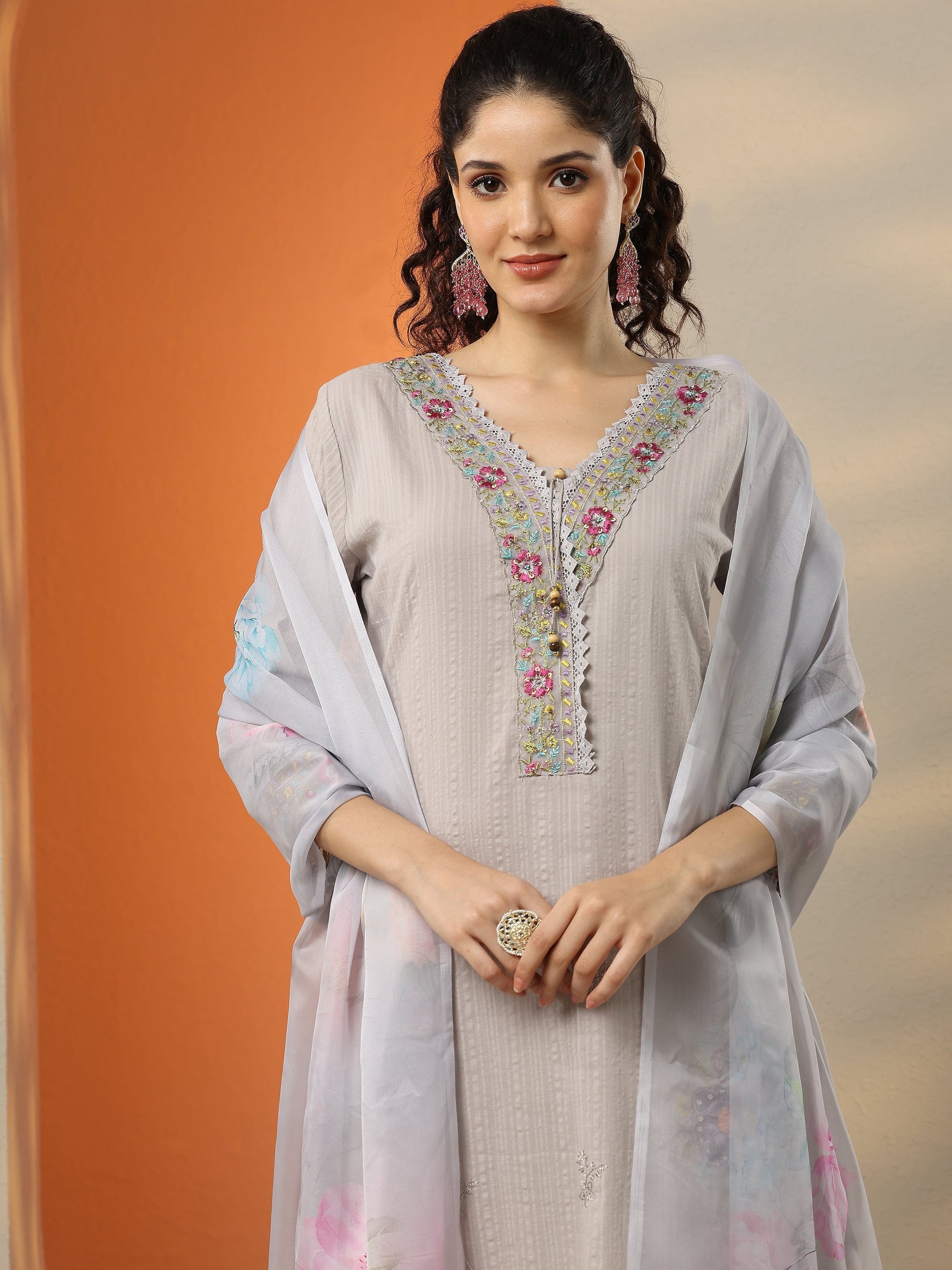 Libas Grey Embroidered Cotton Straight Suit Set With Dupatta