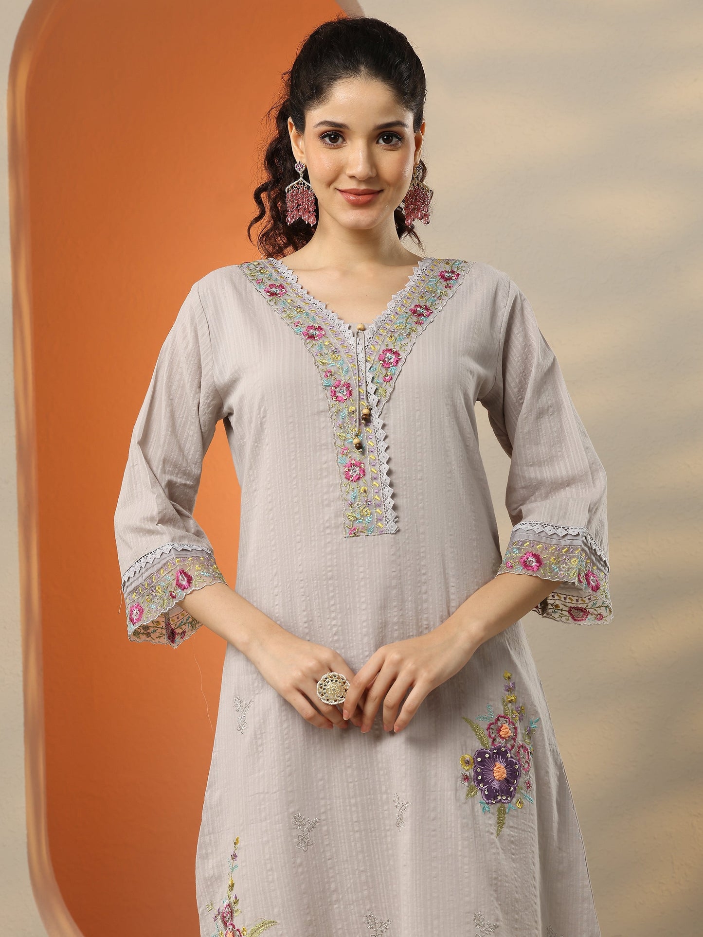 Libas Grey Embroidered Cotton Straight Suit Set With Dupatta