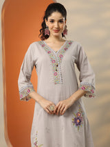 Libas Grey Embroidered Cotton Straight Suit Set With Dupatta
