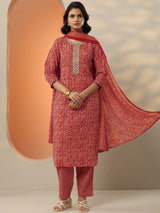 Libas Red Printed Cotton Blend  Straight Suit Set With Dupatta