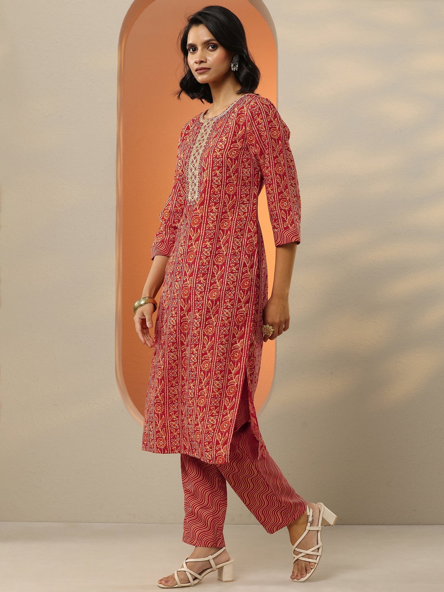 Libas Red Printed Cotton Blend  Straight Suit Set With Dupatta