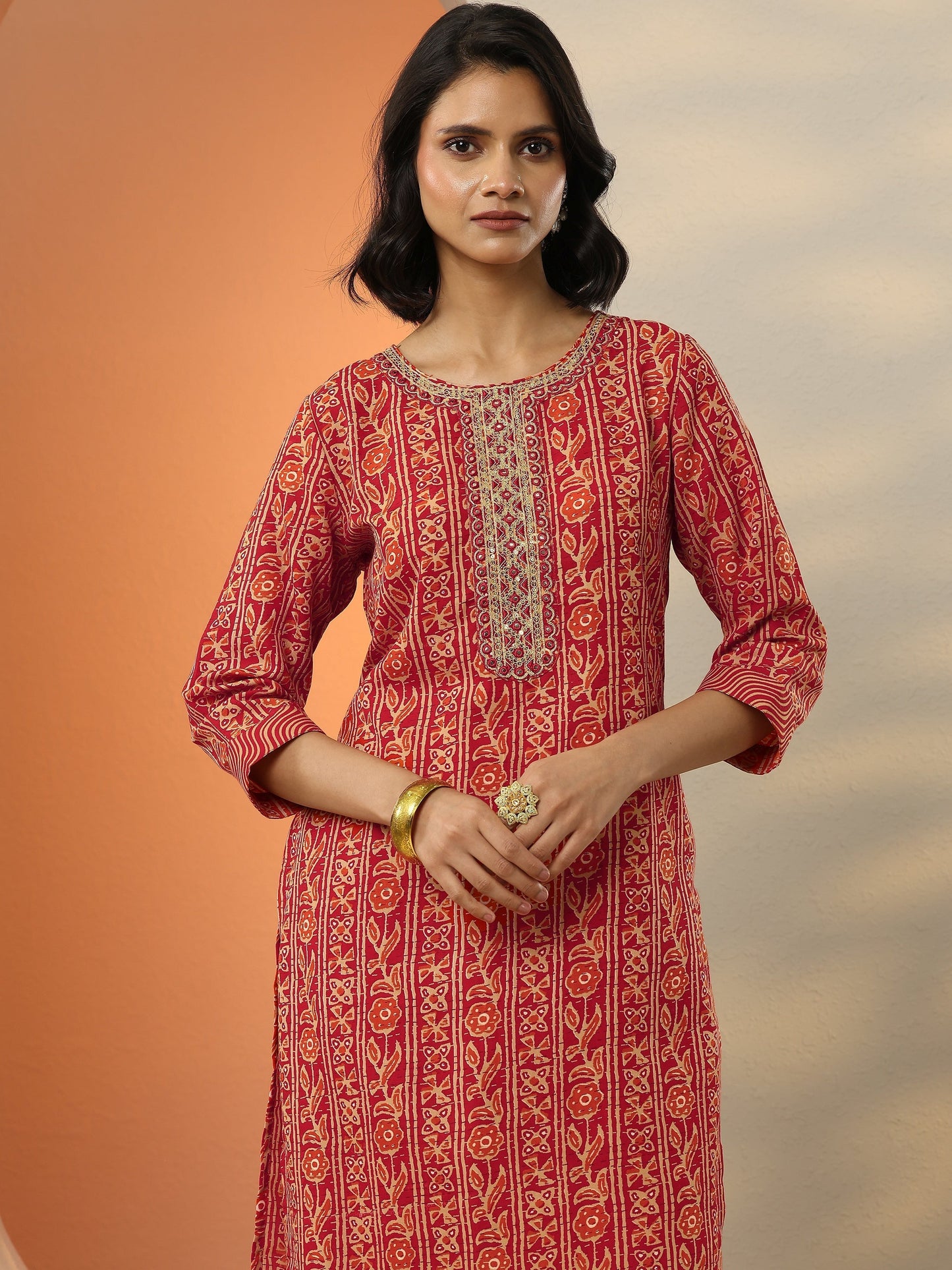 Libas Red Printed Cotton Blend  Straight Suit Set With Dupatta