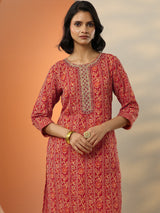Libas Red Printed Cotton Blend  Straight Suit Set With Dupatta