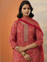 Libas Red Printed Cotton Blend  Straight Suit Set With Dupatta
