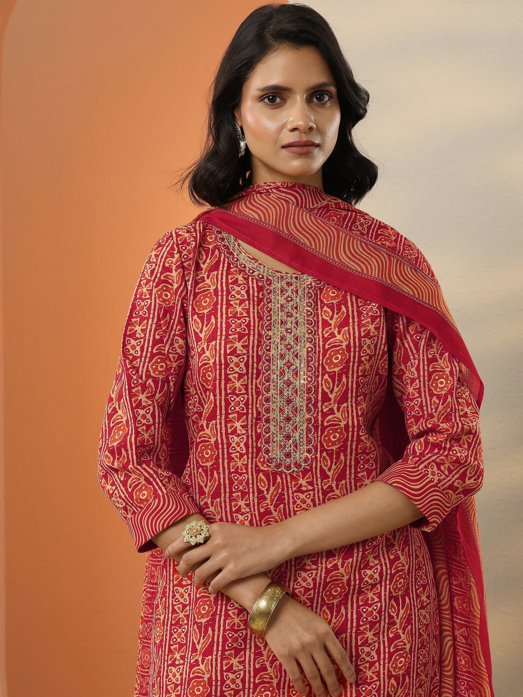 Libas Red Printed Cotton Blend  Straight Suit Set With Dupatta